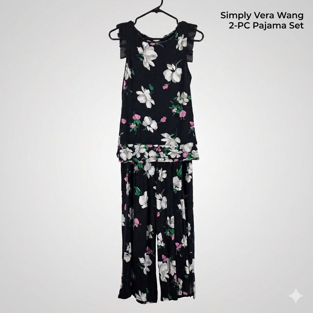 Simply Vera Wang 2pc Pajama Lounge Set Women's M Black Floral Ruffle Wide Leg